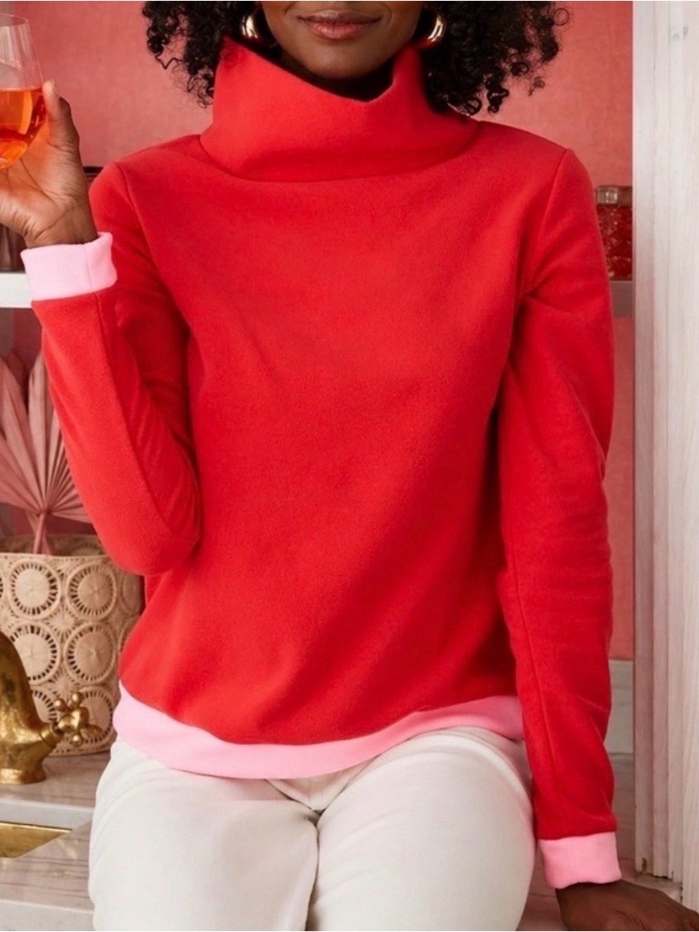 Dudley Stephens Funnel Neck Fleece Pullover Red with Pink Trim Sz M Vello Fleece